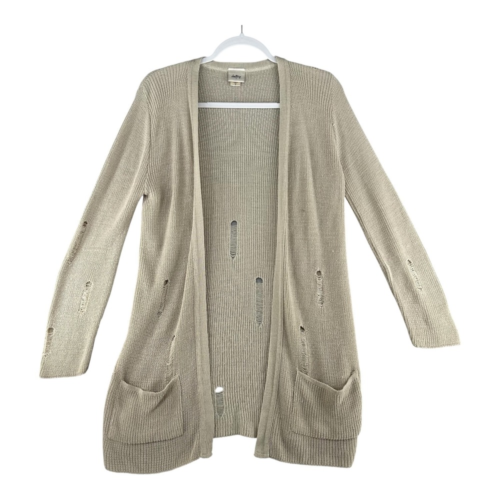 Daytrip Open Front Distressed Cardigan Sweater Beige‎ Womens Medium Boho Lagen